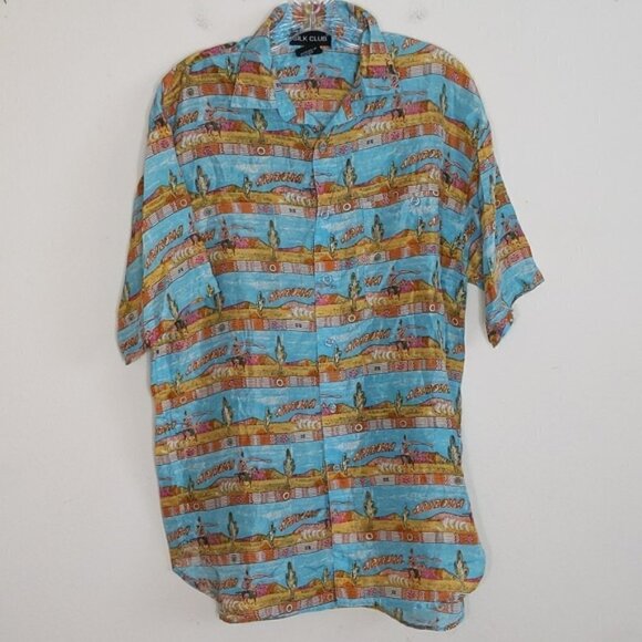 Vintage Silk Club Arizona Cowboy Print Button Down Casual Silk Shirt - Picture 1 of 4